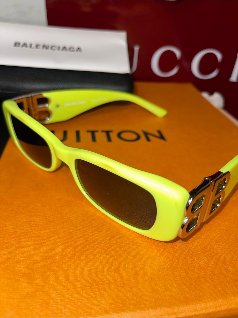 Balenciaga Neon Yellow Rectangular Logo Temple Sunglasses